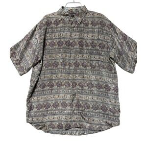 Colore Italia Mens Large 100% Silk Short‎ Sleeve Paisley Button Down Shirt Brown